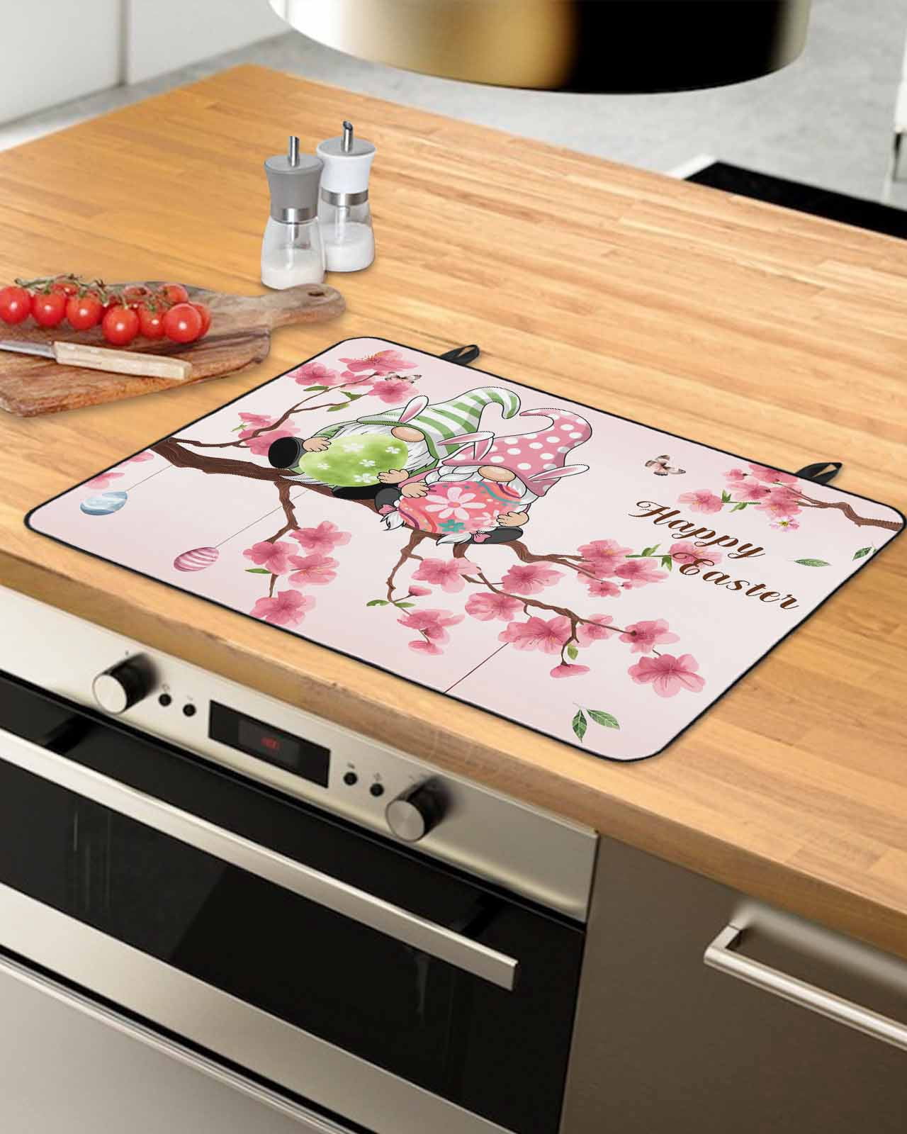 Large Induction Cooktop Protector Mat Happy Easter Stove Top Covers for Electric Stove, Pink Spring Gnomes Eggs Flower Branch Rabbit Decorative Stove Burner Cover Mats, Glass Top Stove Cover