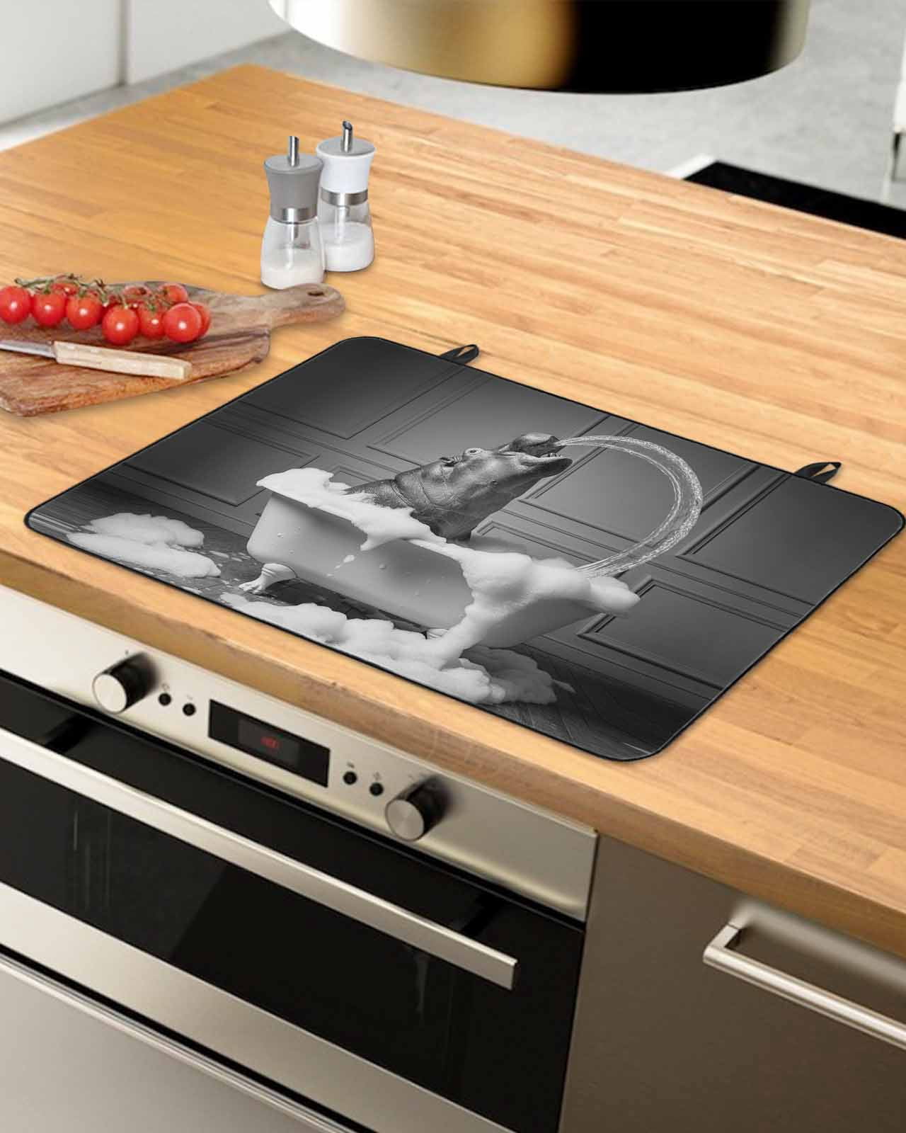 Large Induction Cooktop Protector Mat Hippo Stove Top Covers for Electric Stove, Funny Animal Bathtub Abstract Art Grey Decorative Stove Burner Cover Mats, Glass Top Stove Cover