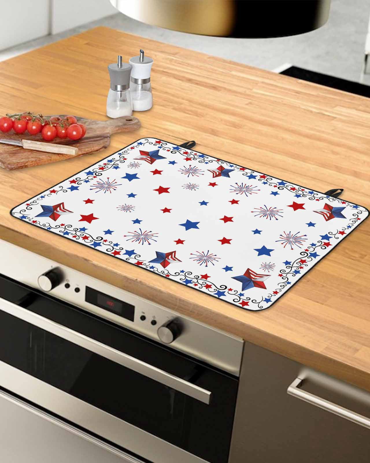 Large Induction Cooktop Protector Mat Independence Day Stove Top Covers for Electric Stove, 4th of July Blue Red Star Fireworks Decorative Stove Burner Cover Mats, Glass Top Stove Cover
