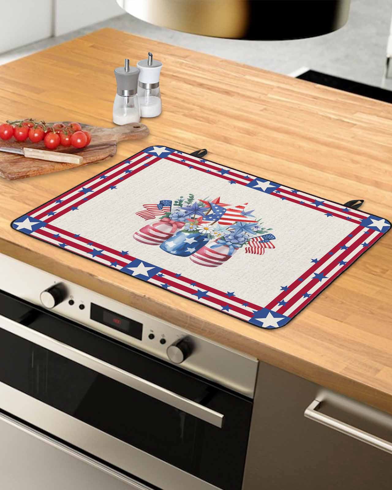 Large Induction Cooktop Protector Mat Independence Day Stove Top Covers for Electric Stove, Red Blue Flowers Patriotic Star Stripes Decorative Stove Burner Cover Mats, Glass Top Stove Cover