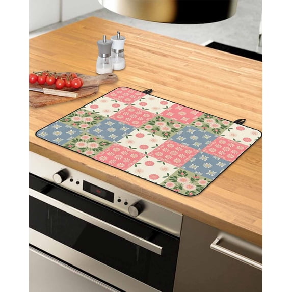 Large Induction Cooktop Protector Mat Japanese Style Stove Top Covers for Electric Stove, Colorful Patchwork Flowers Leaves Plaid Decorative Stove Burner Cover Mats, Glass Top Stove Cover
