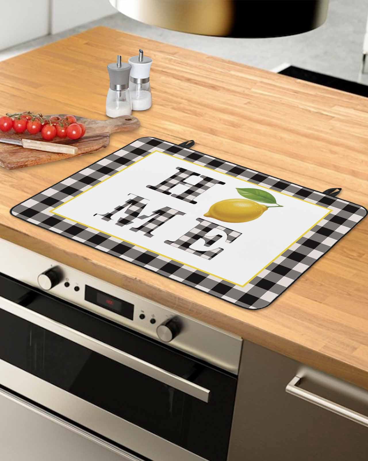 Large Induction Cooktop Protector Mat Lemon Stove Top Covers for Electric Stove, Summer Botanical Black White Plaid Pastoral Decorative Stove Burner Cover Mats, Glass Top Stove Cover