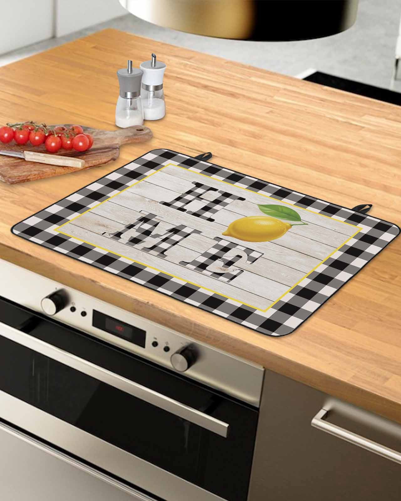 Large Induction Cooktop Protector Mat Lemon Stove Top Covers for Electric Stove, Summer Botanical Black White Plaid Pastoral Wooden Decorative Stove Burner Cover Mats, Glass Top Stove Cover