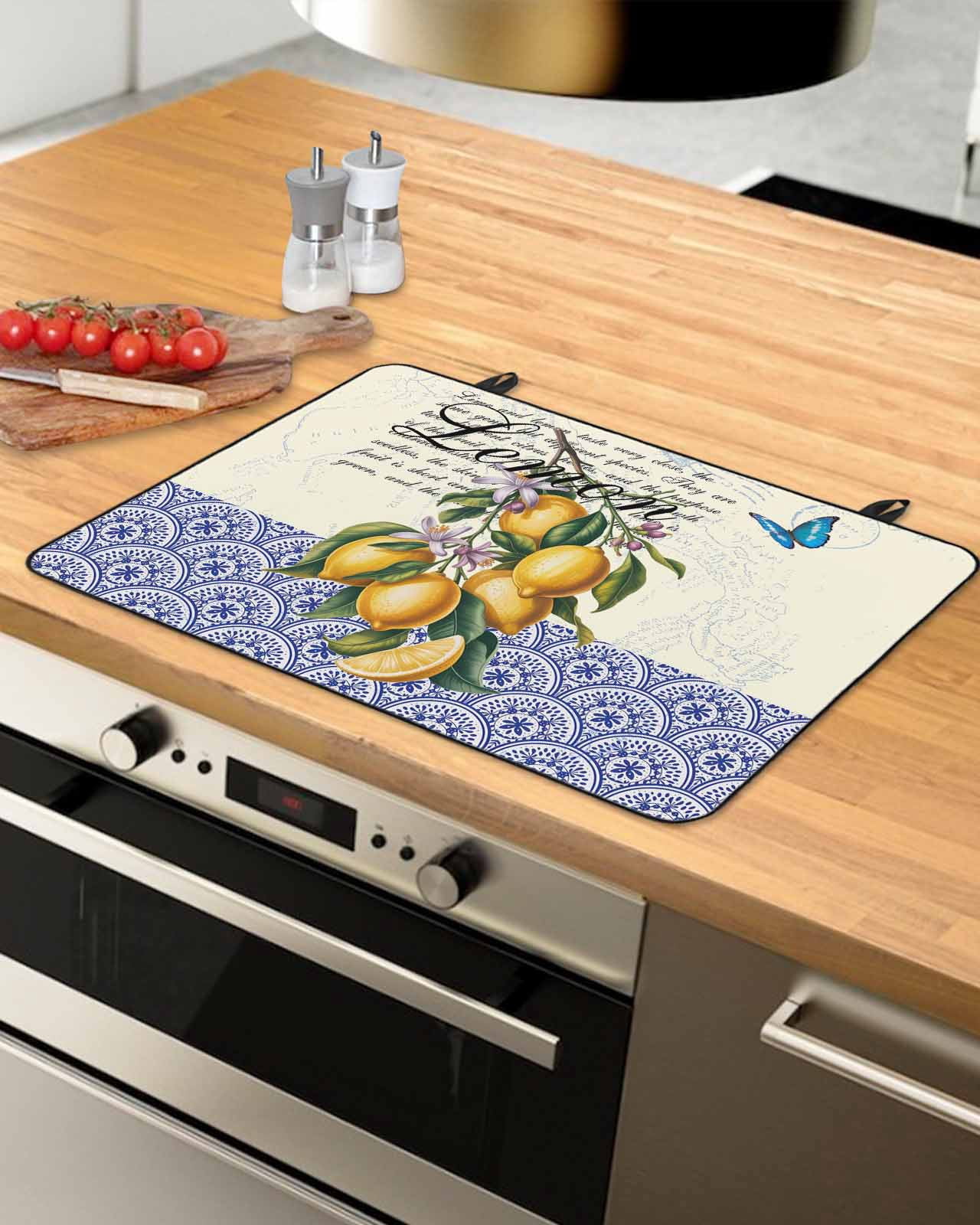 Large Induction Cooktop Protector Mat Lemon Stove Top Covers for Electric Stove, Summer Vintage Yellow Fruits Italy Blue Textured Decorative Stove Burner Cover Mats, Glass Top Stove Cover