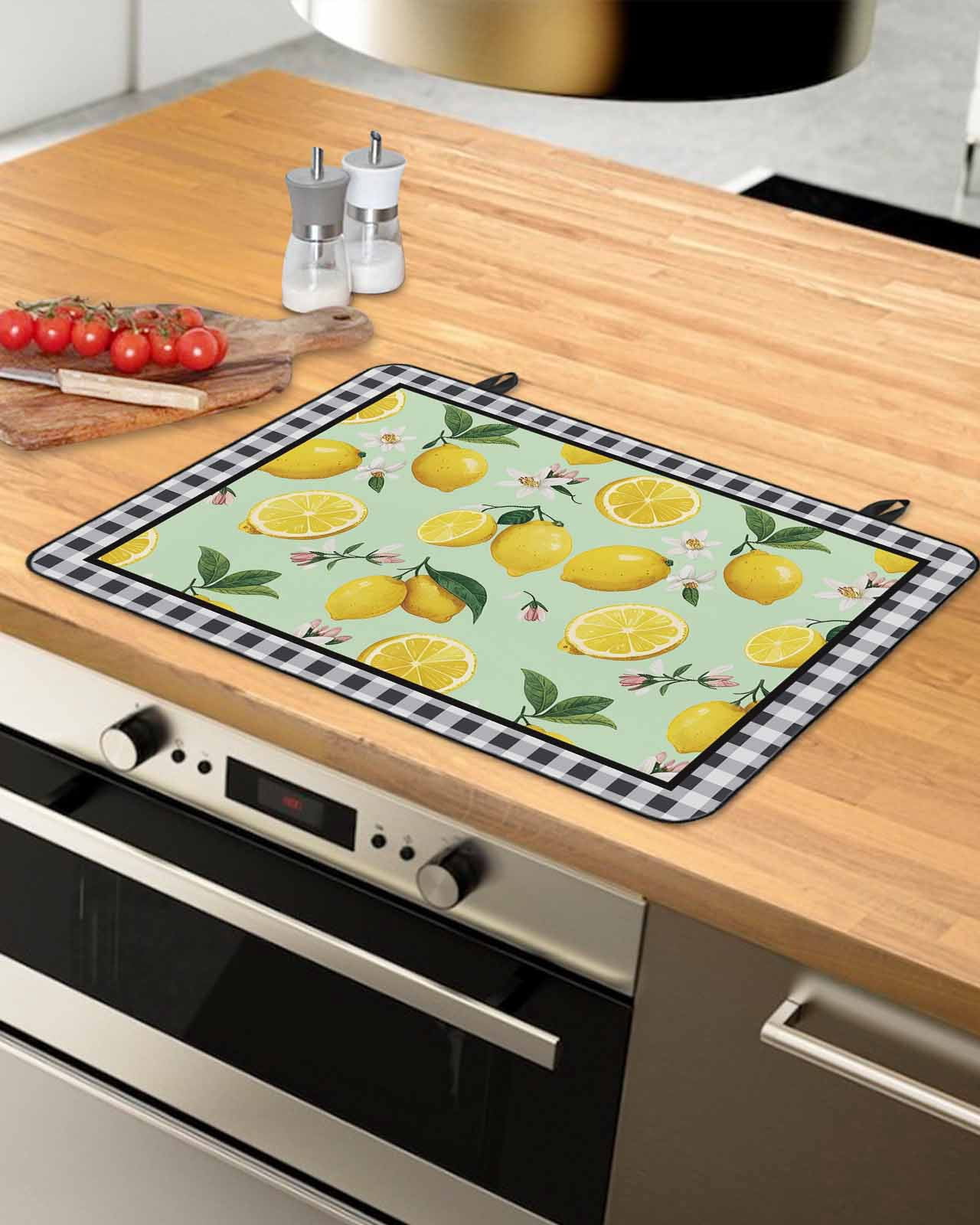 Large Induction Cooktop Protector Mat Lemons Stove Top Covers for Electric Stove, Summer Botanical Black White Plaid Pastoral Decorative Stove Burner Cover Mats, Glass Top Stove Cover