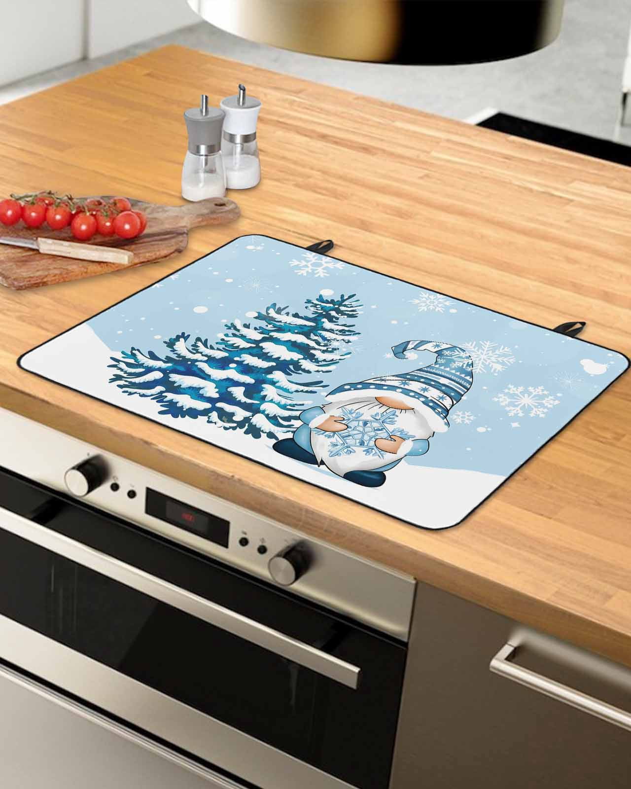 Large Induction Cooktop Protector Mat Light Blue Christmas Stove Top Covers for Electric Stove, Xmas Gnomes Snowflakes Trees Decorative Stove Burner Cover Mats, Glass Top Stove Cover