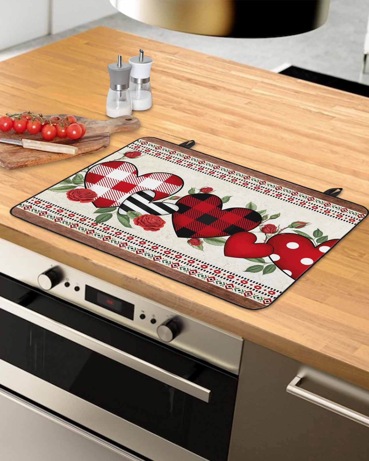 Large Induction Cooktop Protector Mat Love Heart Valentine's Day Stove Top Covers for Electric Stove, Spring Floral Roses Romantic Decorative Stove Burner Cover Mats, Glass Top Stove Cover