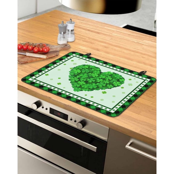 Large Induction Cooktop Protector Mat Lucky Saint Patrick's Day Stove Top Covers for Electric Stove, Spring Green Grass Love Plaid Decorative Stove Burner Cover Mats, Glass Top Stove Cover