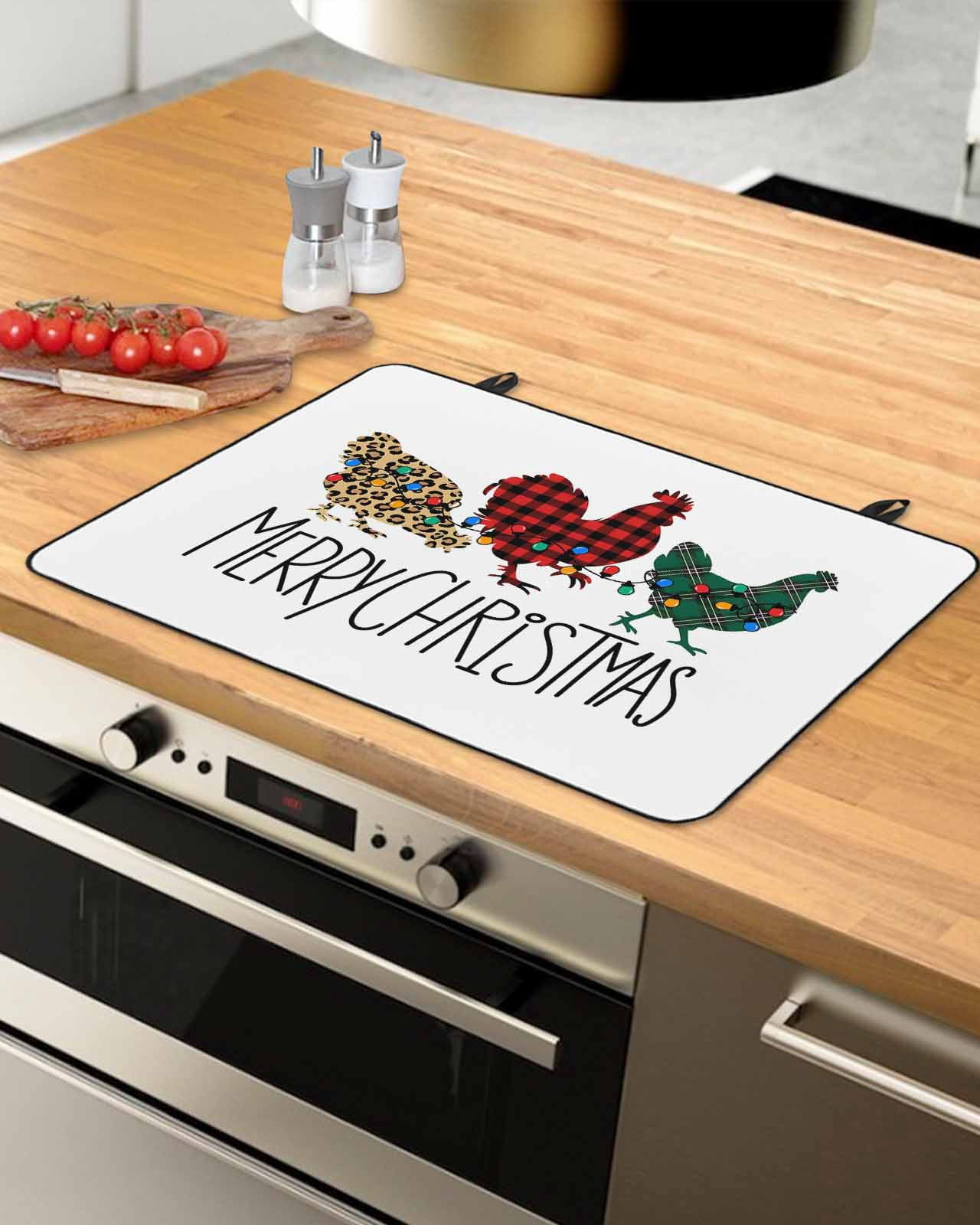 Large Induction Cooktop Protector Mat Merry Christmas Stove Top Covers for Electric Stove, Farmhouse Colorful Chicken Classic Plaid Decorative Stove Burner Cover Mats, Glass Top Stove Cover