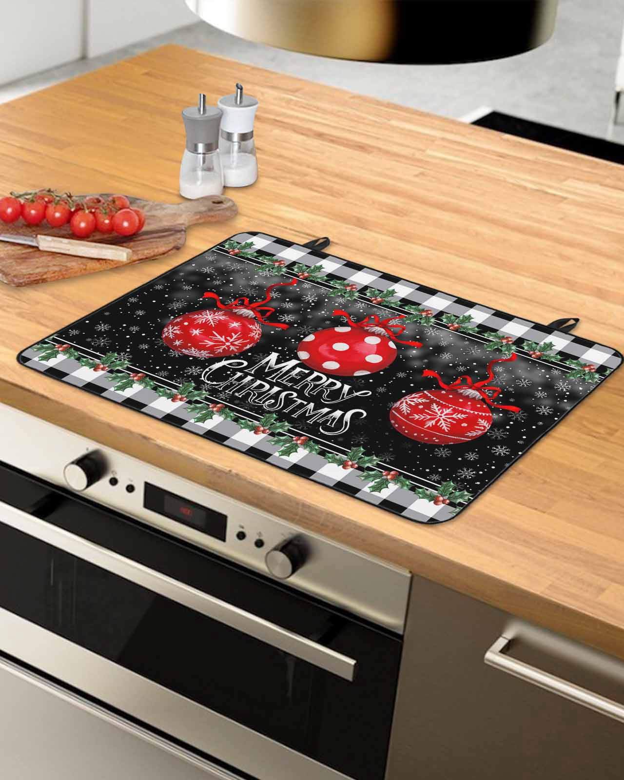 Large Induction Cooktop Protector Mat Merry Christmas Stove Top Covers for Electric Stove, Red Xmas Balls Snowflake Black Plaid Decorative Stove Burner Cover Mats, Glass Top Stove Cover