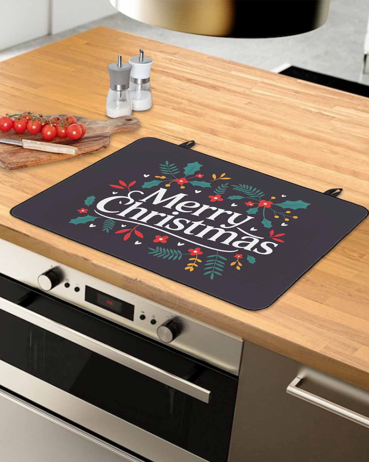 Large Induction Cooktop Protector Mat Merry Christmas Stove Top Covers for Electric Stove, Xmas Winter Holly Berries Plant Decorative Stove Burner Cover Mats, Glass Top Stove Cover