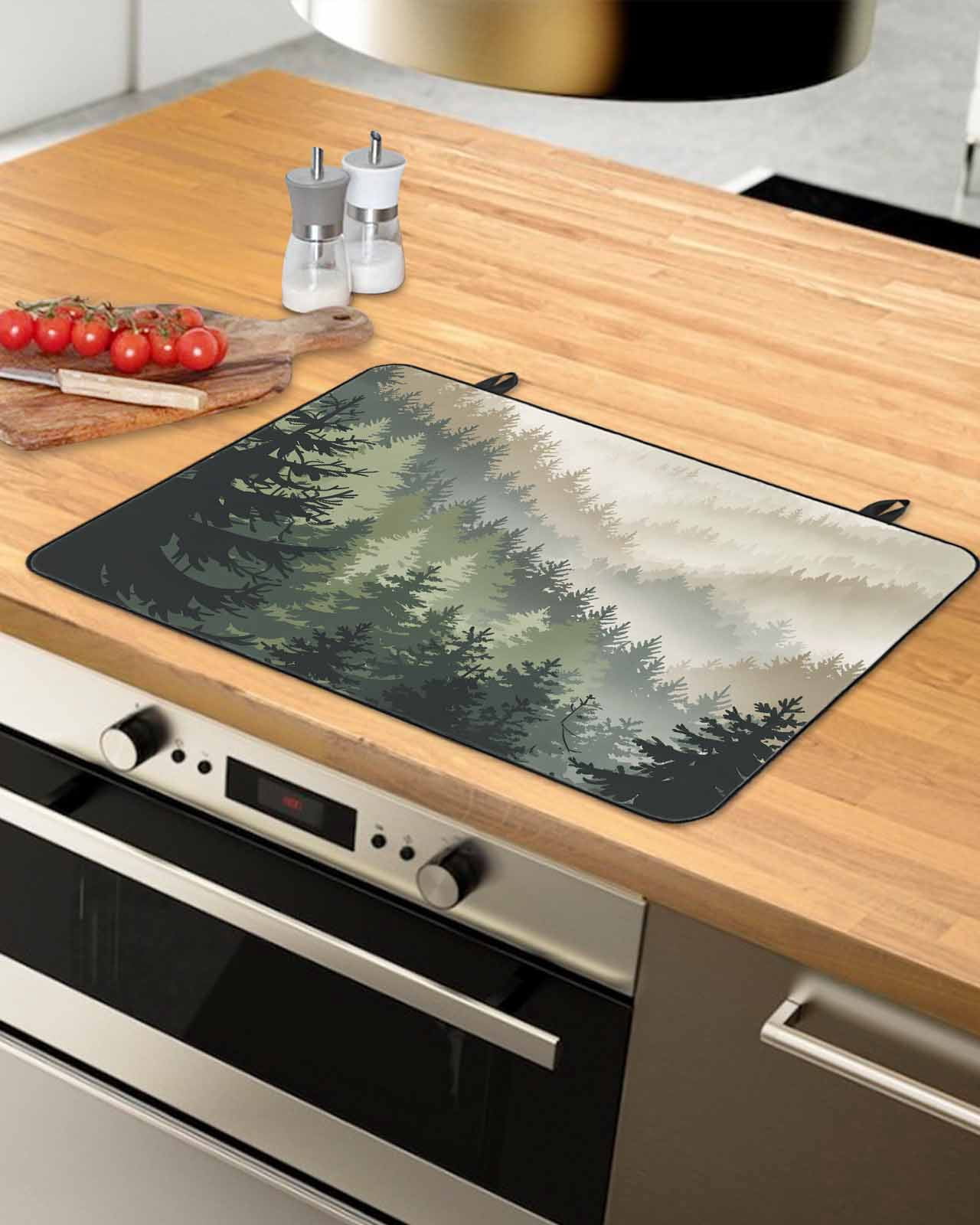 Large Induction Cooktop Protector Mat Mountains Stove Top Covers for Electric Stove, Watercolor Forest Nature Pine Trees Landscape Decorative Stove Burner Cover Mats, Glass Top Stove Cover