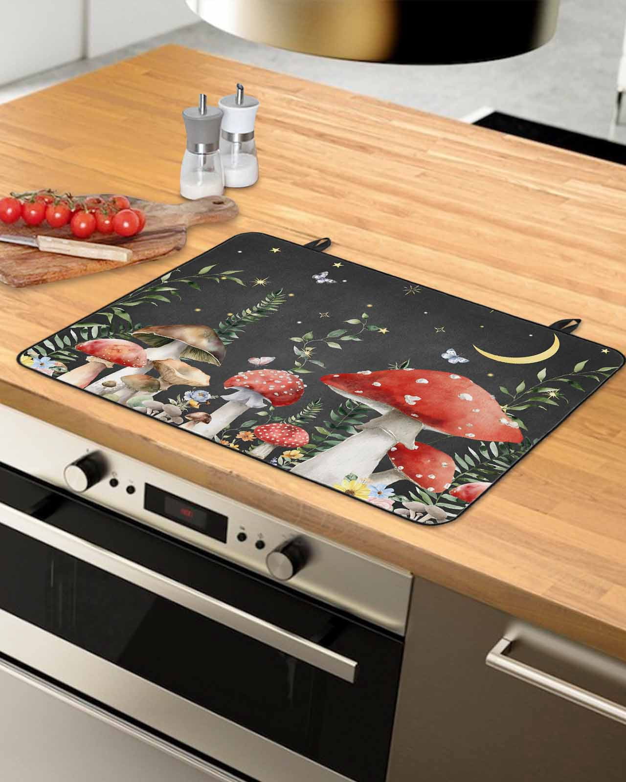 Large Induction Cooktop Protector Mat Mushroom Stove Top Covers for Electric Stove, Botanical Watercolor Floral Leaf Butterfly Plant Decorative Stove Burner Cover Mats, Glass Top Stove Cover