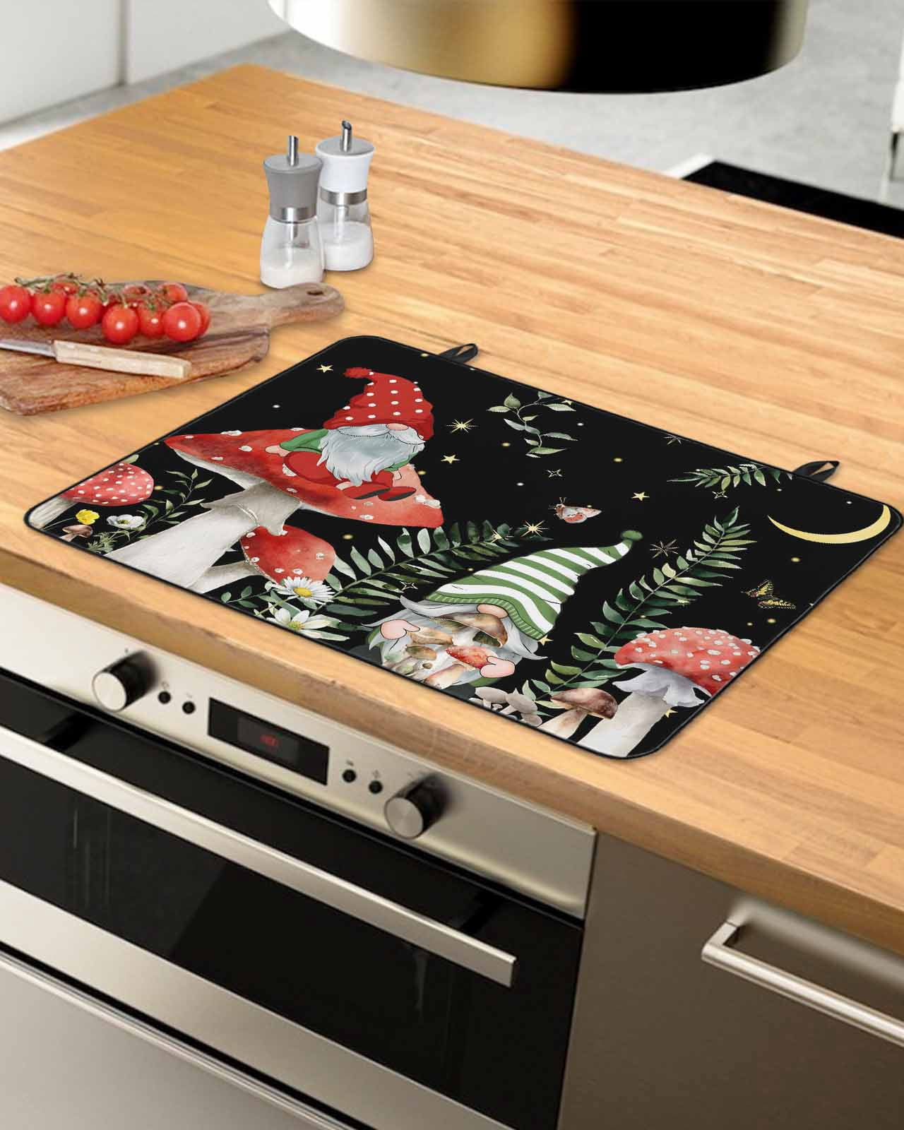 Large Induction Cooktop Protector Mat Mushroom Stove Top Covers for Electric Stove, Botanical Watercolor Gnomes Butterfly Leaf Plant Decorative Stove Burner Cover Mats, Glass Top Stove Cover