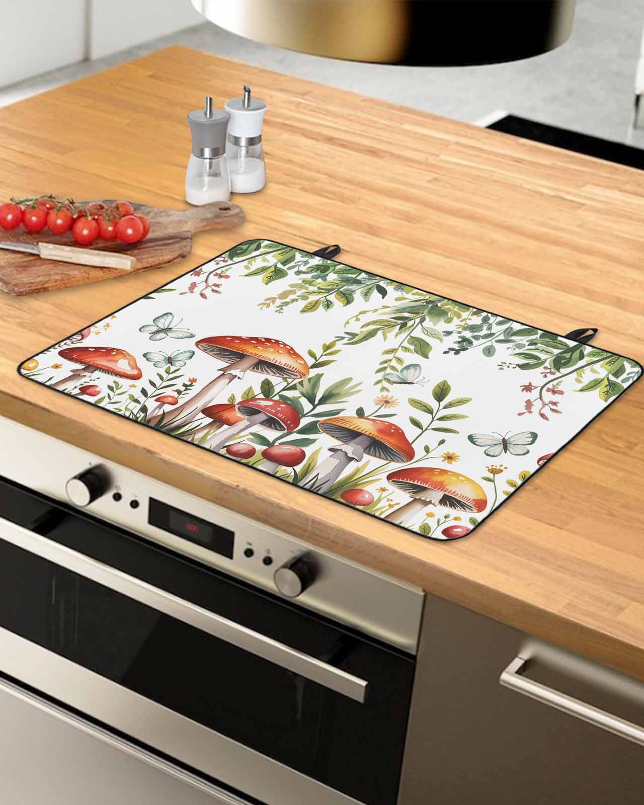 Large Induction Cooktop Protector Mat Mushrooms Stove Top Covers for Electric Stove, Spring Flowers Leaves Butterflies Botanical Decorative Stove Burner Cover Mats, Glass Top Stove Cover