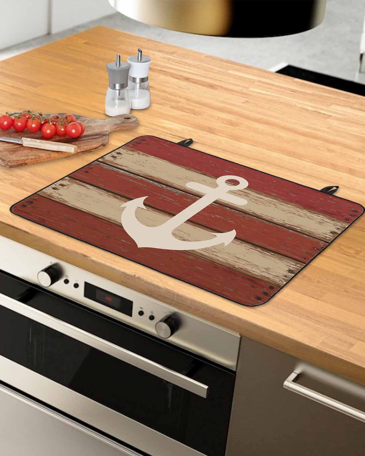 Large Induction Cooktop Protector Mat Nautical Anchor Stove Top Covers for Electric Stove, Red Beige Rretro Wooden Board Textures Decorative Stove Burner Cover Mats, Glass Top Stove Cover