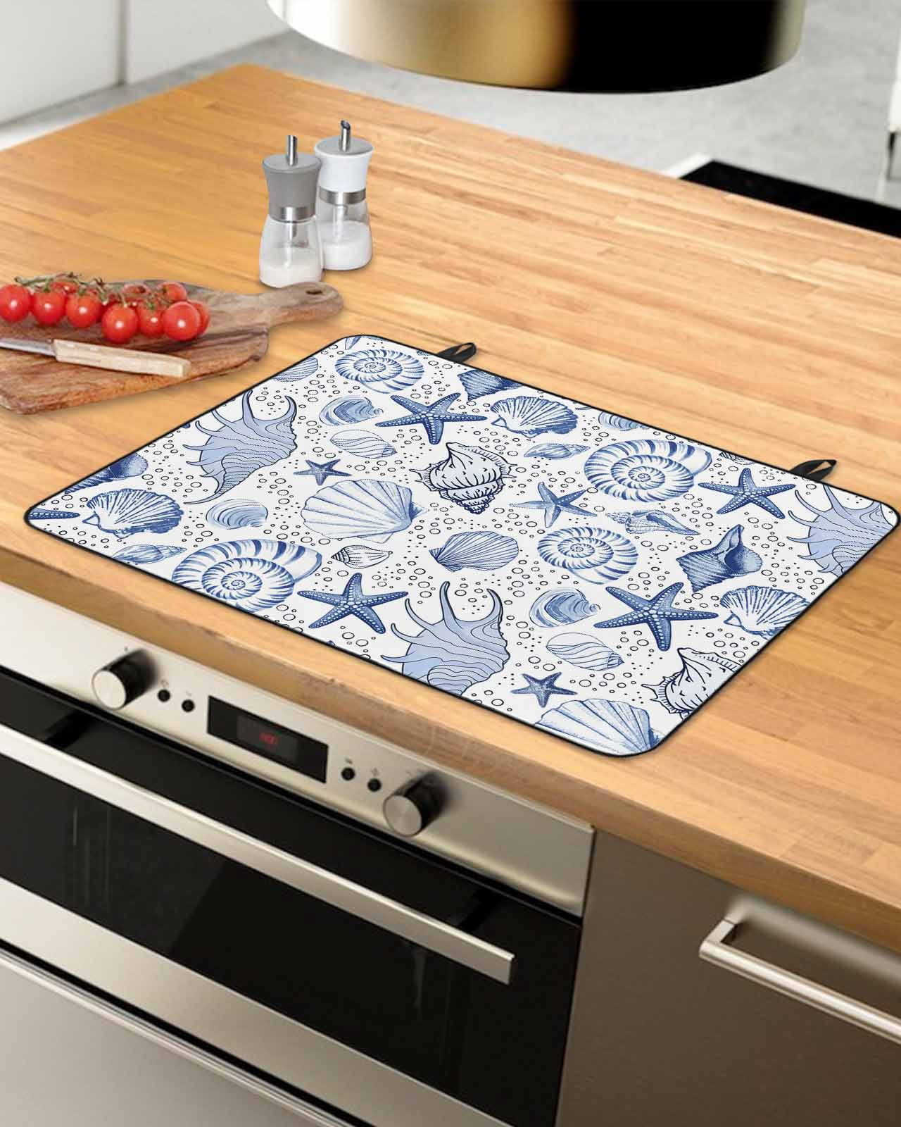Large Induction Cooktop Protector Mat Navy Blue Coastal Stove Top Covers for Electric Stove, Nautical Ocean Shell Starfish Sea Decorative Stove Burner Cover Mats, Glass Top Stove Cover
