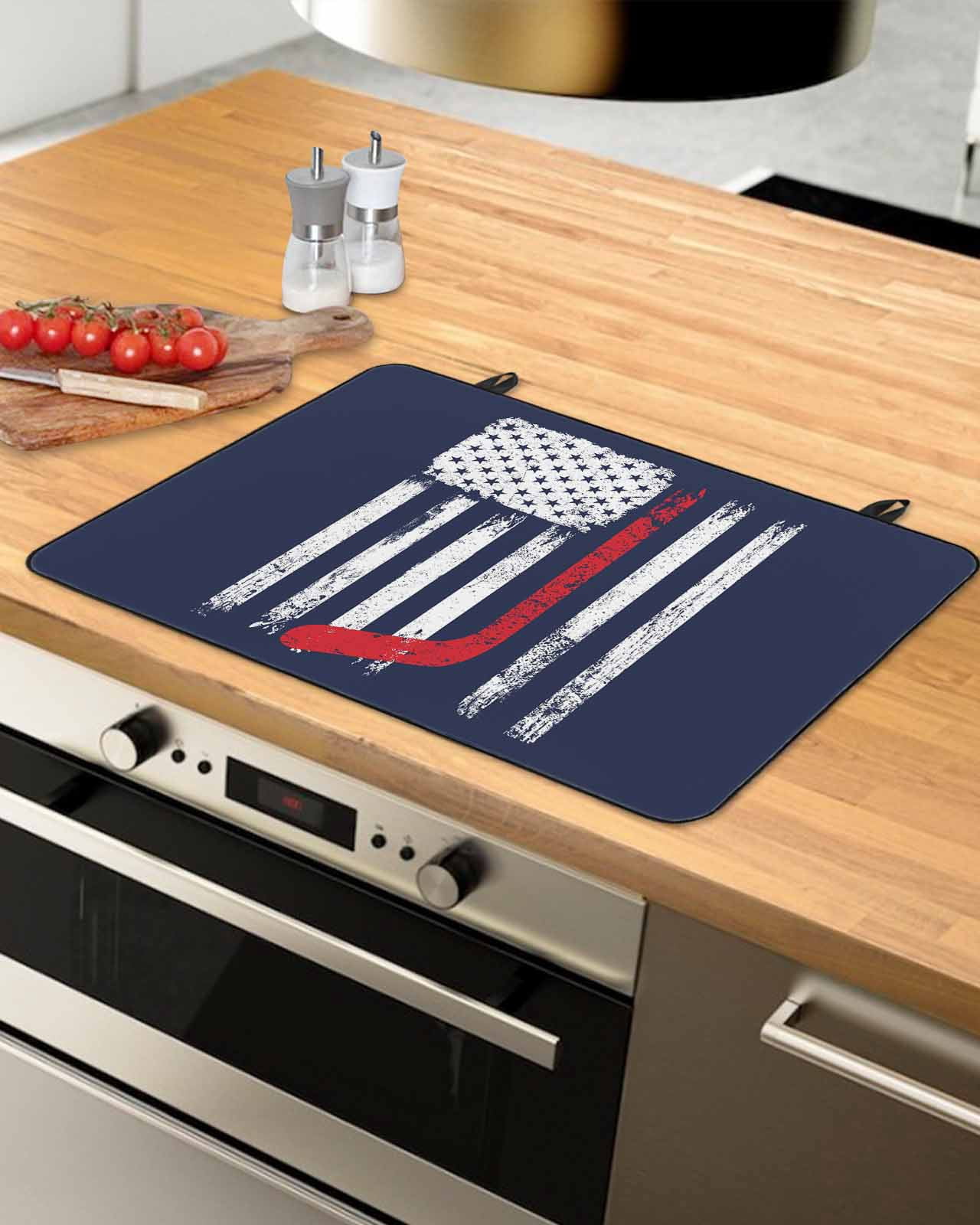 Large Induction Cooktop Protector Mat Navy Blue Hockey American Flag Stove Top Covers for Electric Stove, Vintage Abstract US Flag Decorative Stove Burner Cover Mats, Glass Top Stove Cover