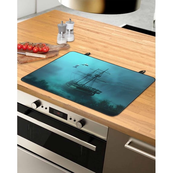 Large Induction Cooktop Protector Mat Ocean Shipwrecks Stove Top Covers for Electric Stove, Coastal Nautical Dolphins Vintage Decorative Stove Burner Cover Mats, Glass Top Stove Cover