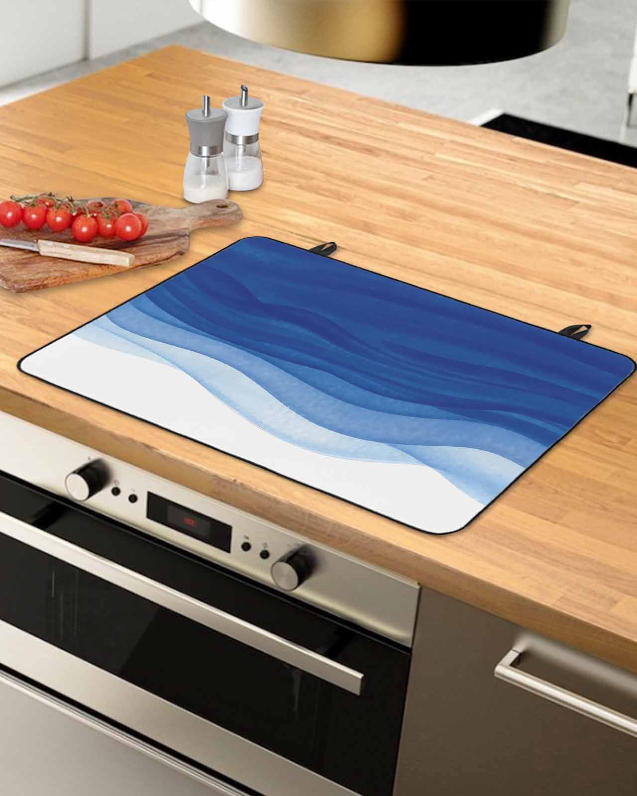 Large Induction Cooktop Protector Mat Ombre Blue Waves Stove Top Covers for Electric Stove, Abstract Art Gradient Modern Decorative Stove Burner Cover Mats, Glass Top Stove Cover