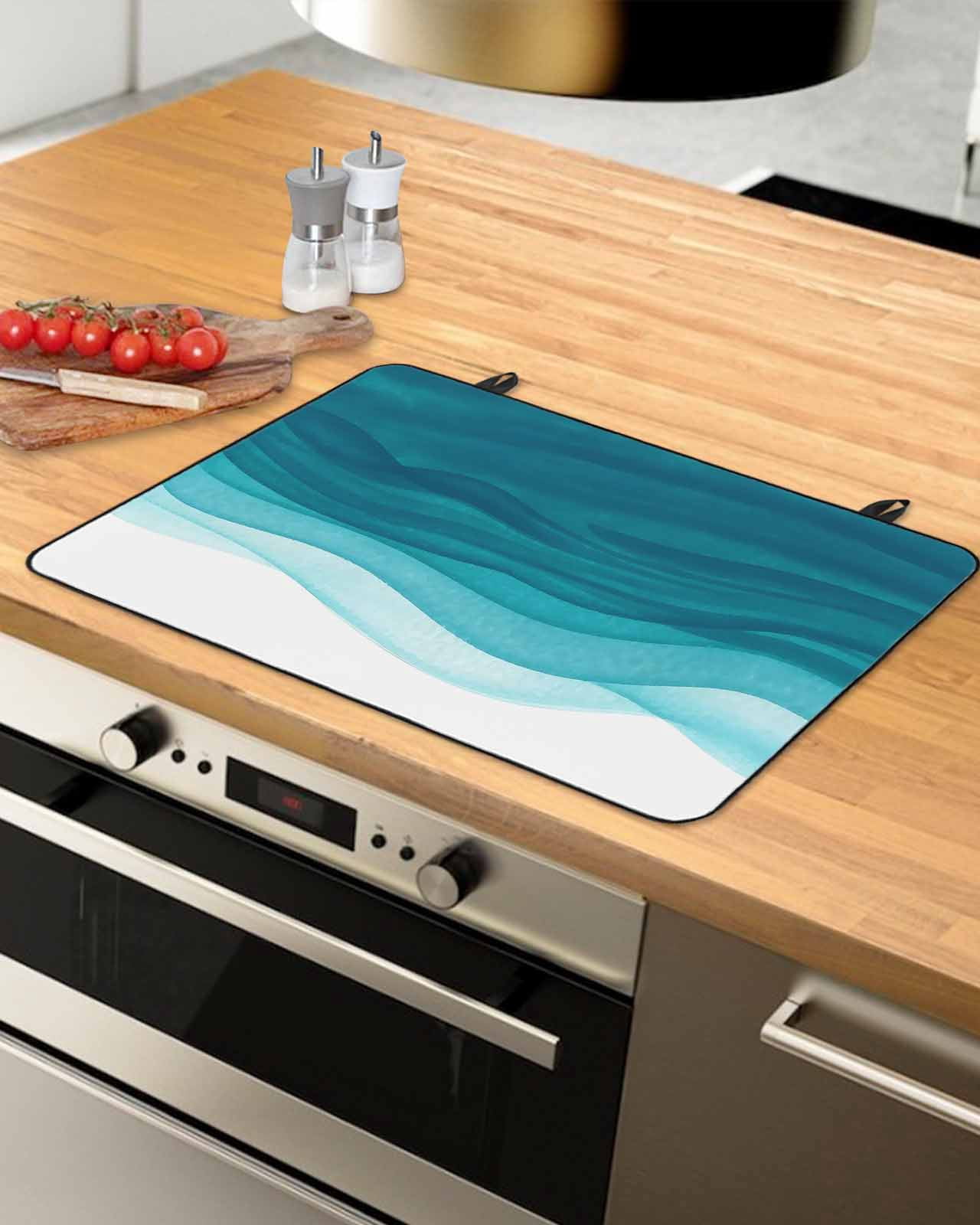 Large Induction Cooktop Protector Mat Ombre Teal Waves Stove Top Covers for Electric Stove, Abstract Art Gradient Modern Decorative Stove Burner Cover Mats, Glass Top Stove Cover