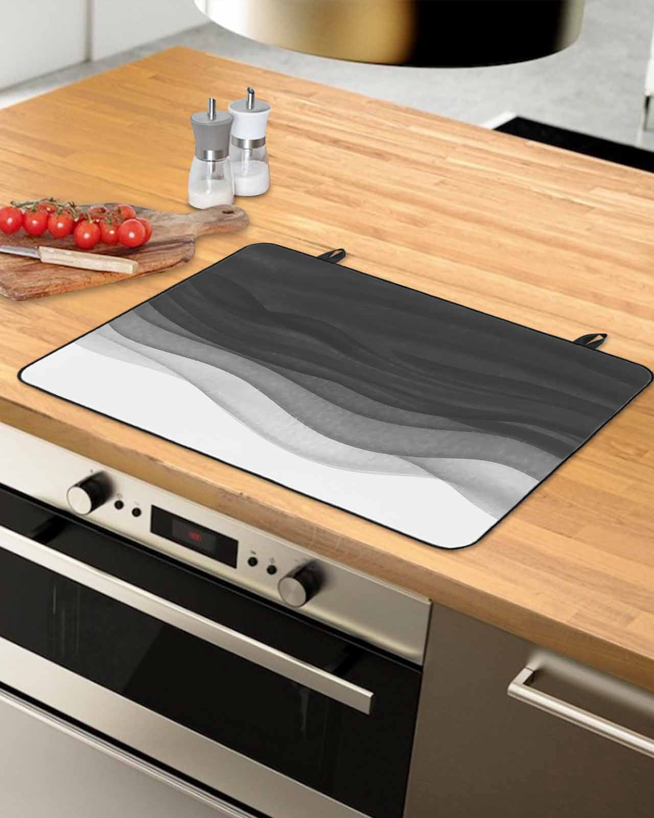 Large Induction Cooktop Protector Mat Ombre Waves Stove Top Covers for Electric Stove, Abstract Art Gradient Black Modern Decorative Stove Burner Cover Mats, Glass Top Stove Cover