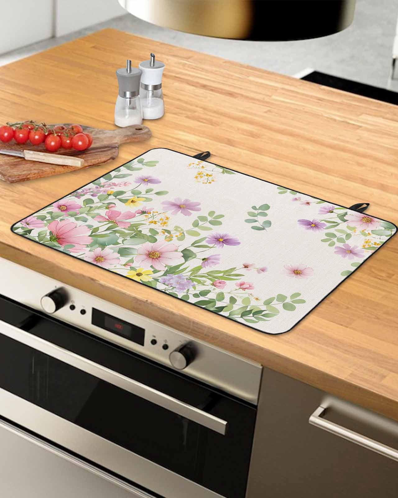 Large Induction Cooktop Protector Mat Pink Purple Flower Stove Top Covers for Electric Stove, Spring Farmhouse Country Floral Leaf Decorative Stove Burner Cover Mats, Glass Top Stove Cover