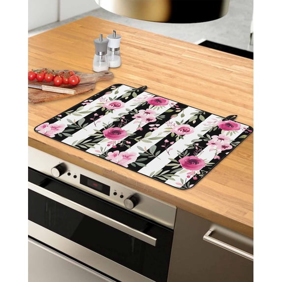 Large Induction Cooktop Protector Mat Pink Roses Stove Top Covers for Electric Stove, Romantic Flowers Leaves Floral Black Stripes Decorative Stove Burner Cover Mats, Glass Top Stove Cover