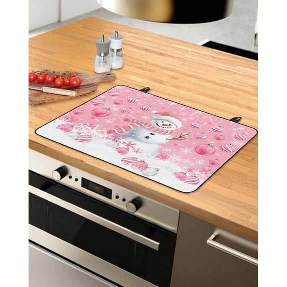 Large Induction Cooktop Protector Mat Pink Snowman Christmas Stove Top Covers for Electric Stove, Xmas Balls Snowflake Decorative Stove Burner Cover Mats, Glass Top Stove Cover