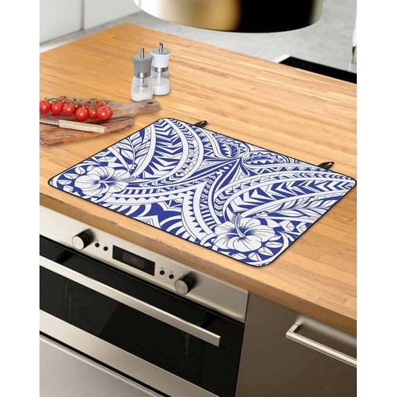 Large Induction Cooktop Protector Mat Polynesia Texture Stove Top Covers for Electric Stove, Retro Traditional Tribe Floral Abstract Blue Decorative Stove Burner Cover Mats, Glass Top Stove Cover