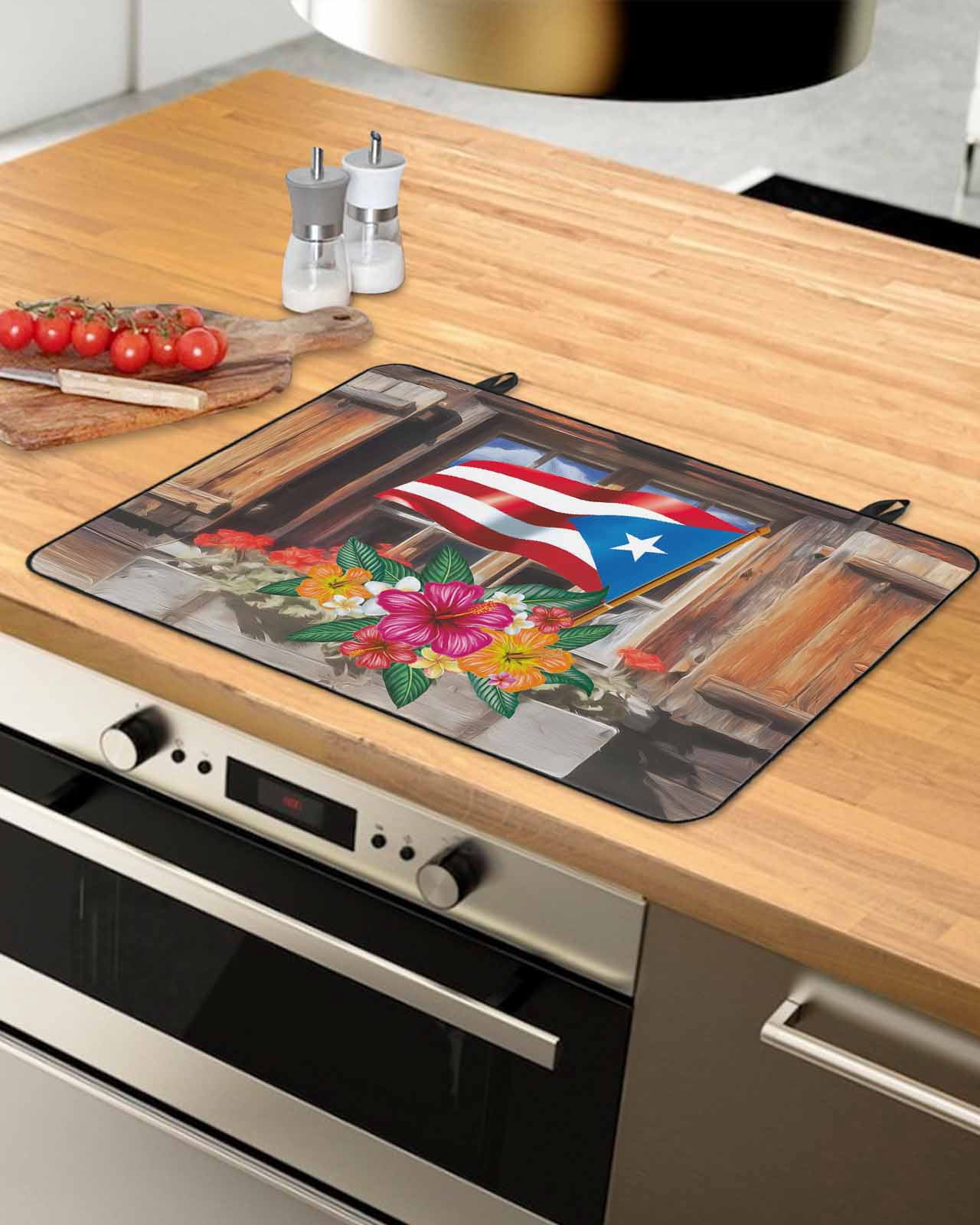 Large Induction Cooktop Protector Mat Puerto Rico Flag Stove Top Covers for Electric Stove, Farmhouse Retro Flowers American Flags Decorative Stove Burner Cover Mats, Glass Top Stove Cover