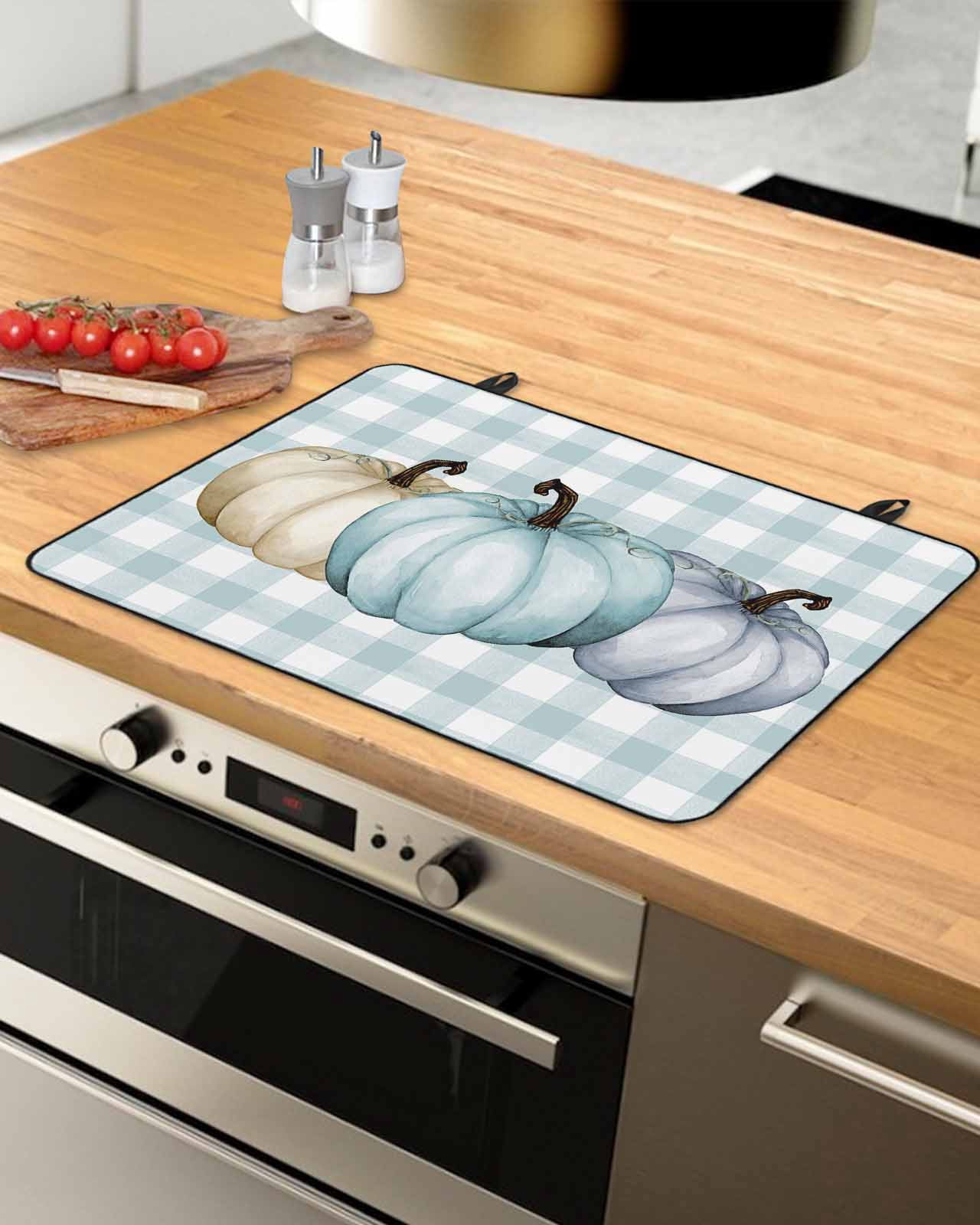 Large Induction Cooktop Protector Mat Pumpkins Stove Top Covers for Electric Stove, Thanksgiving Fall Farmhouse Teal Buffalo Plaid Decorative Stove Burner Cover Mats, Glass Top Stove Cover