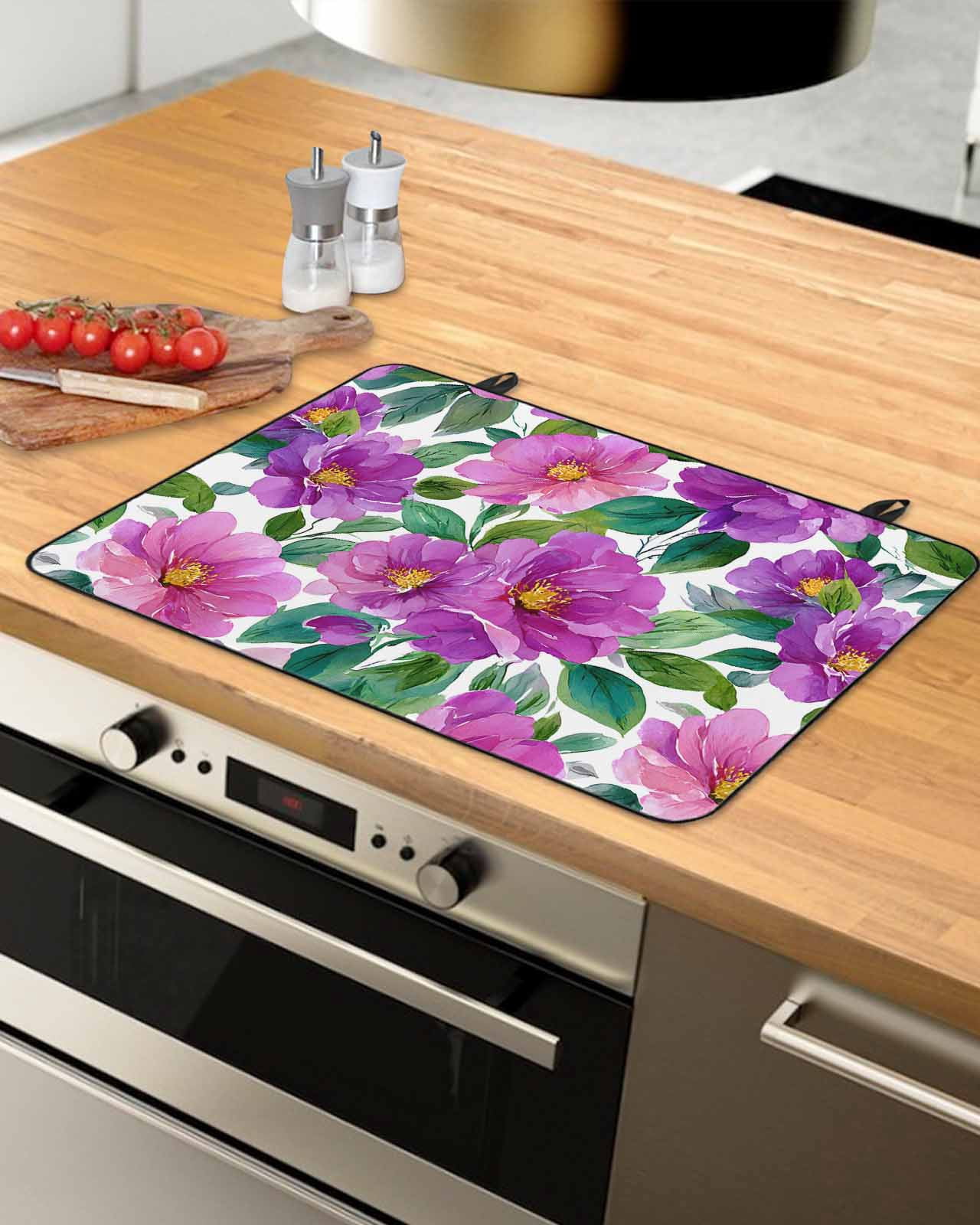 Large Induction Cooktop Protector Mat Purple Flowers Stove Top Covers for Electric Stove, Spring Floral Leaves Botanical Watercolor Decorative Stove Burner Cover Mats, Glass Top Stove Cover