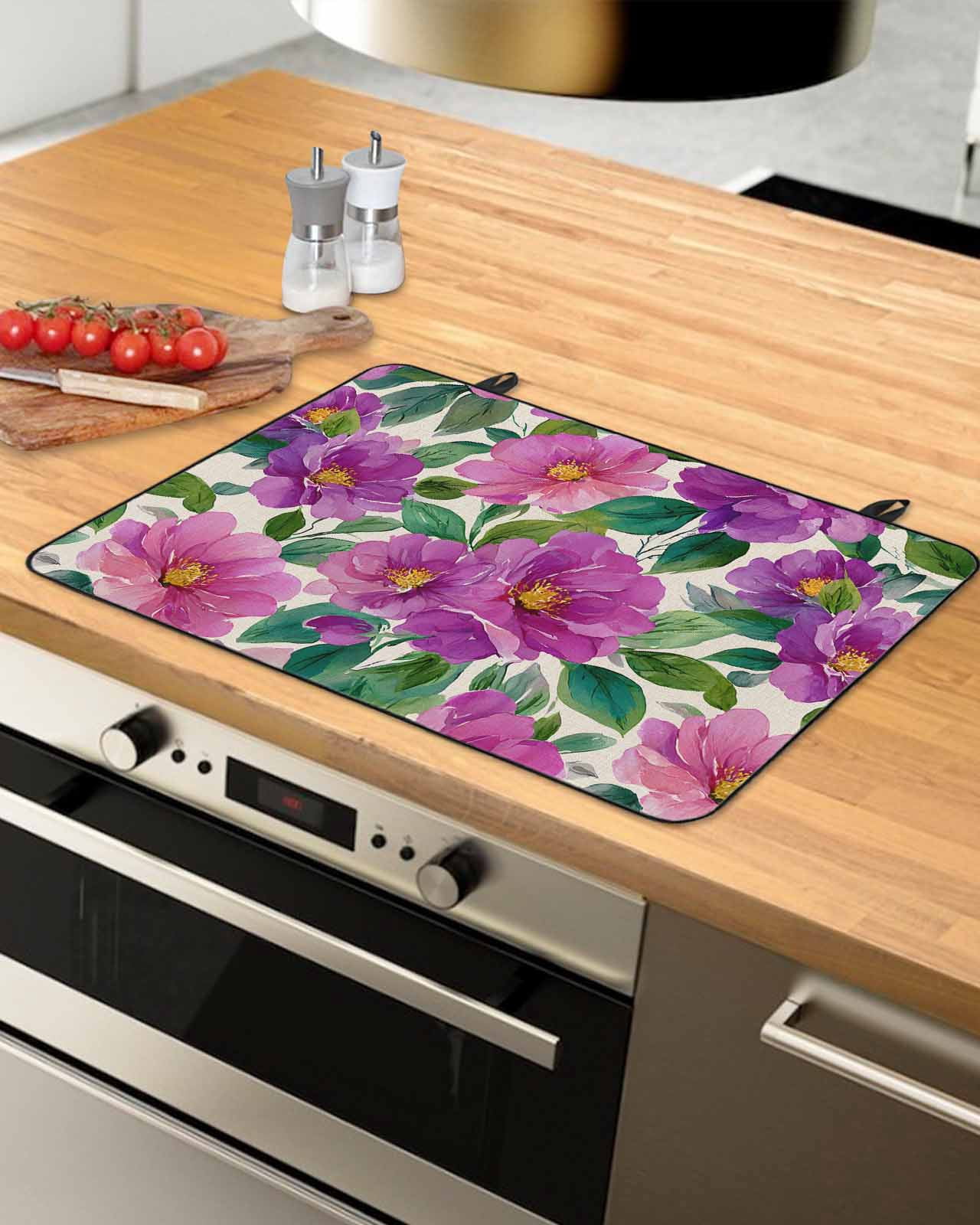 Large Induction Cooktop Protector Mat Purple Flowers Stove Top Covers for Electric Stove, Spring Watercolor Floral Leaves Botanical Beige Decorative Stove Burner Cover Mats, Glass Top Stove Cover