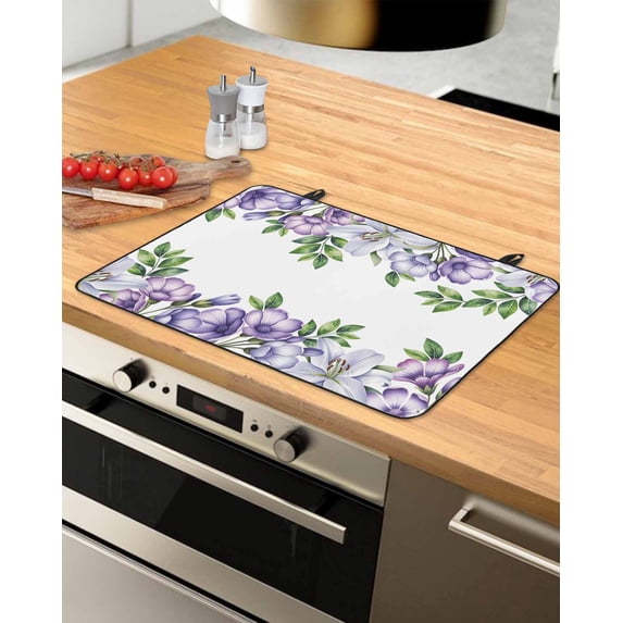 Large Induction Cooktop Protector Mat Purple Flowers Stove Top Covers for Electric Stove, Spring Watercolor Floral Leaves Plants Decorative Stove Burner Cover Mats, Glass Top Stove Cover