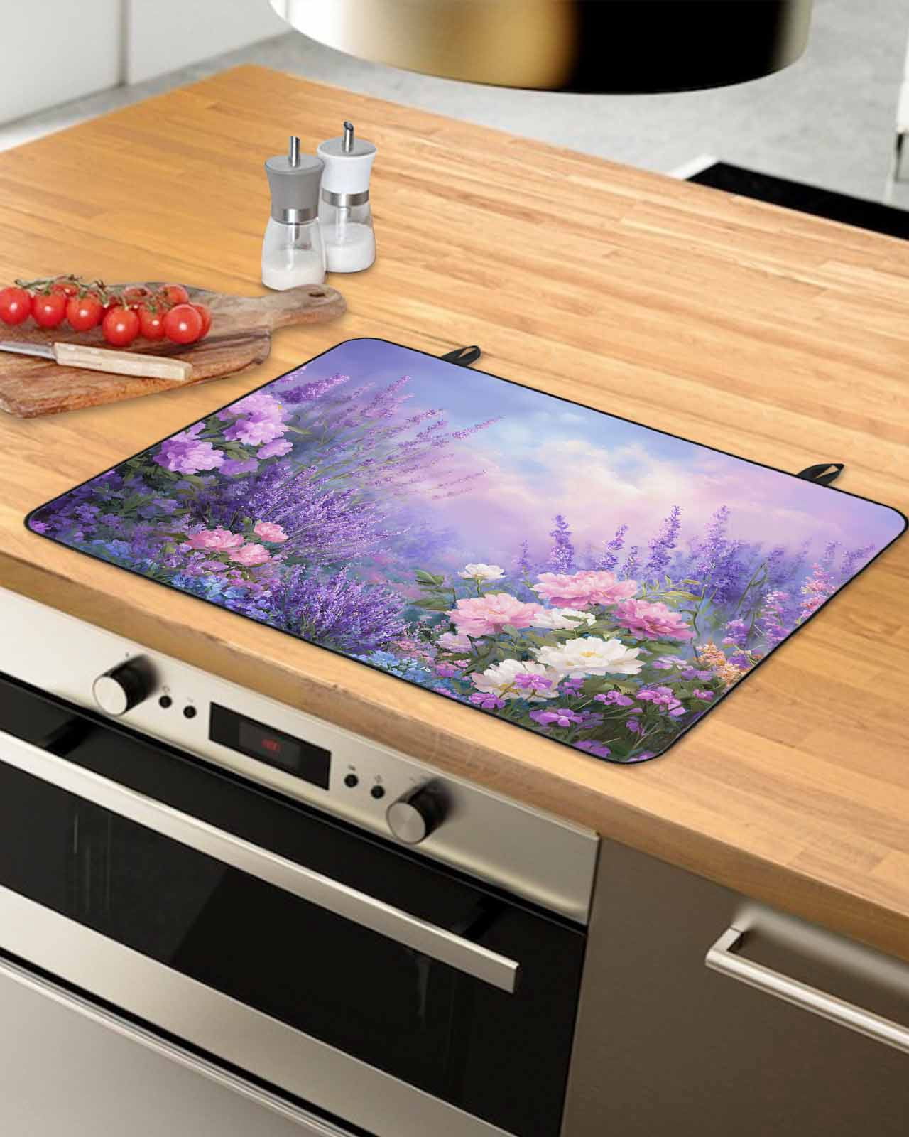 Large Induction Cooktop Protector Mat Purple Lavender Stove Top Covers for Electric Stove, Spring Watercolor Country Wildflowers Decorative Stove Burner Cover Mats, Glass Top Stove Cover