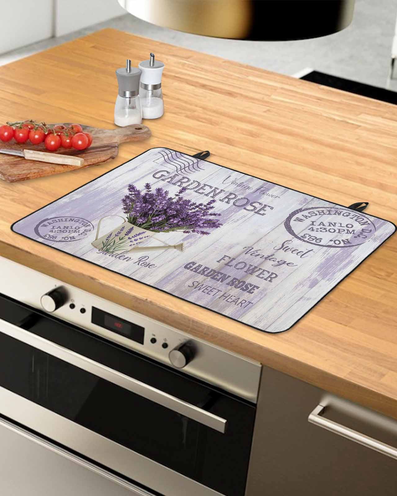 Large Induction Cooktop Protector Mat Purple Lavender Stove Top Covers for Electric Stove, Vintage Farmhouse Rustic Floral Wooden Grain Decorative Stove Burner Cover Mats, Glass Top Stove Cover