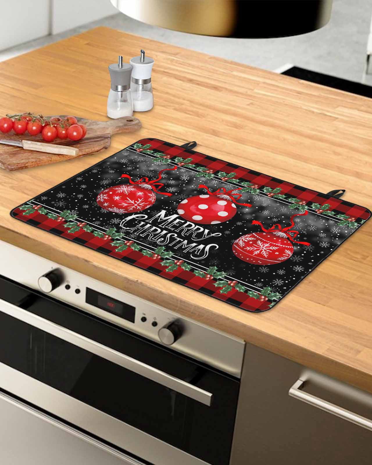Large Induction Cooktop Protector Mat Red Christmas Balls Stove Top Covers for Electric Stove, Winter Snowflakes Xmax Berry Plaid Decorative Stove Burner Cover Mats, Glass Top Stove Cover