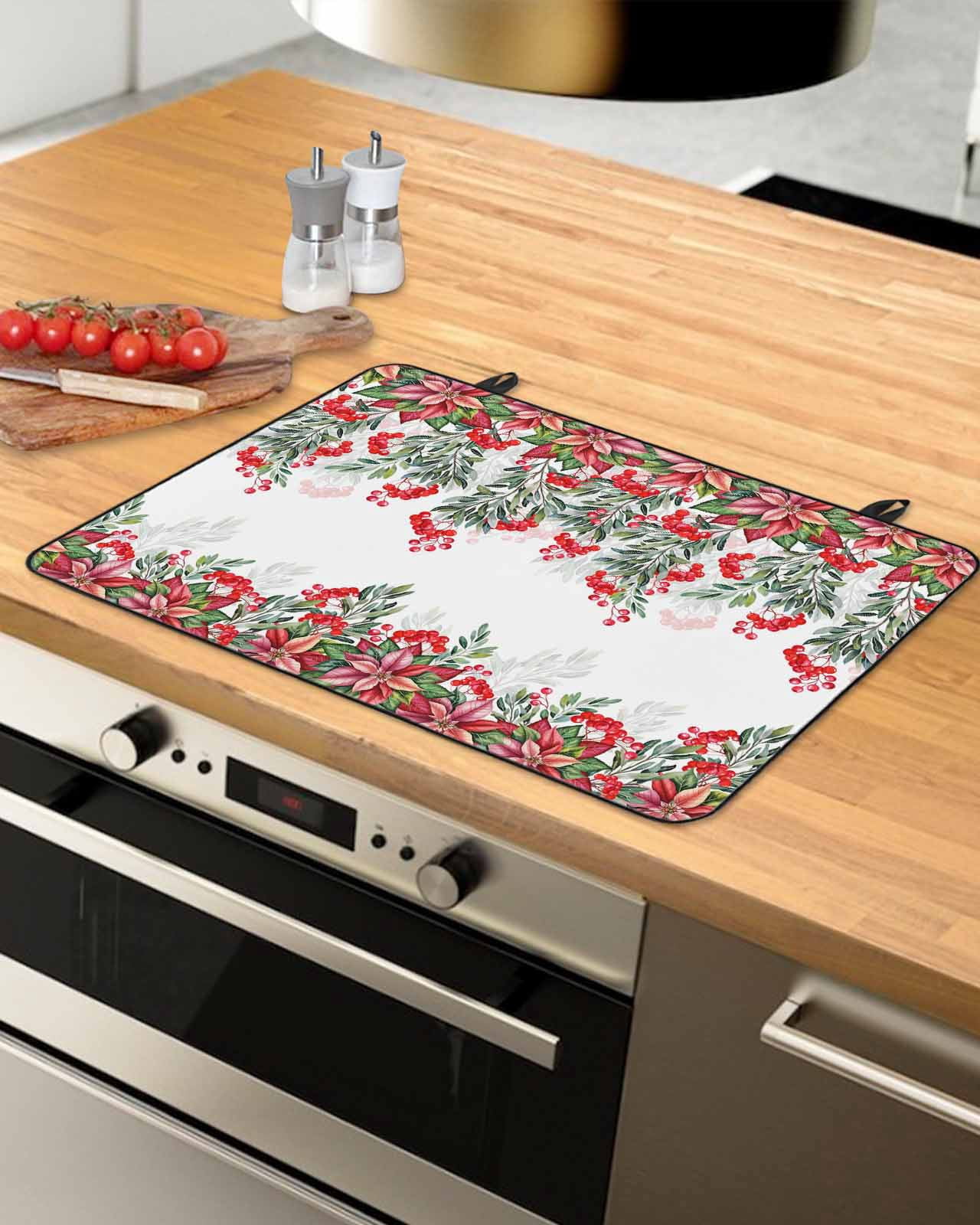 Large Induction Cooktop Protector Mat Red Christmas Stove Top Covers for Electric Stove, Poinsettia Berry Xmas Botanical Decorative Stove Burner Cover Mats, Glass Top Stove Cover