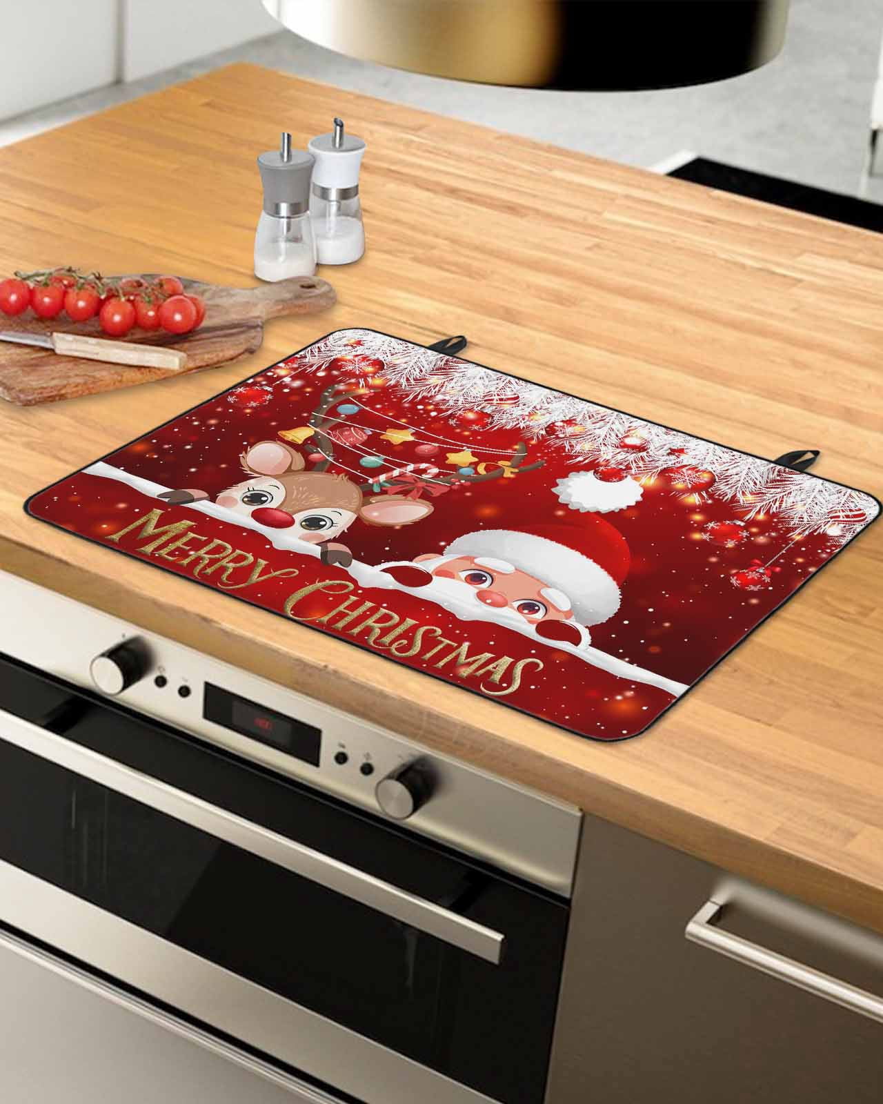 Large Induction Cooktop Protector Mat Red Christmas Stove Top Covers for Electric Stove, Santa Claus Deer Snowflake Pine Branches Ball Decorative Stove Burner Cover Mats, Glass Top Stove Cover