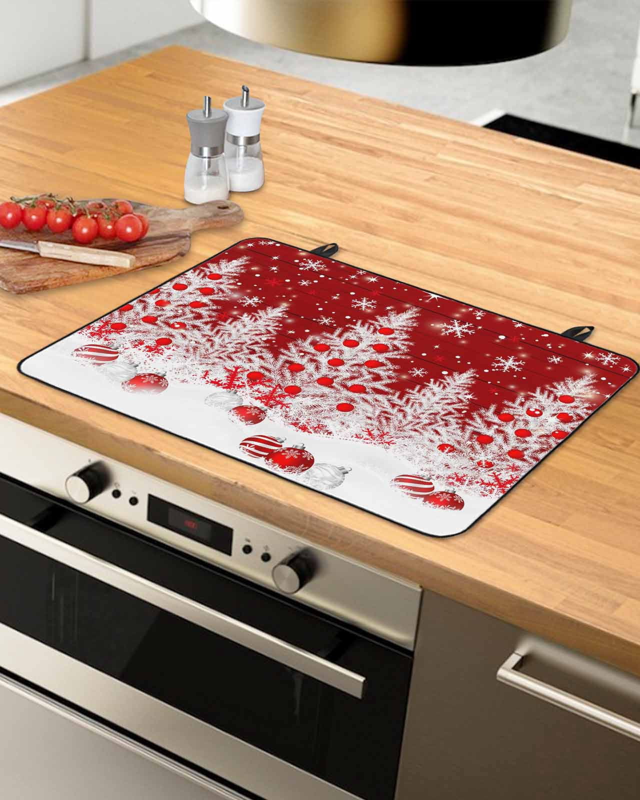 Large Induction Cooktop Protector Mat Red Christmas Stove Top Covers for Electric Stove, Snowflake Xmas Tree Ball Wooden Winter Decorative Stove Burner Cover Mats, Glass Top Stove Cover