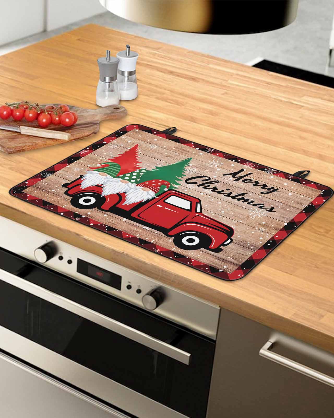 Large Induction Cooktop Protector Mat Red Christmas Stove Top Covers for Electric Stove, Truck Gnomes Xmas Tree Snowflake Wooden Plaid Decorative Stove Burner Cover Mats, Glass Top Stove Cover