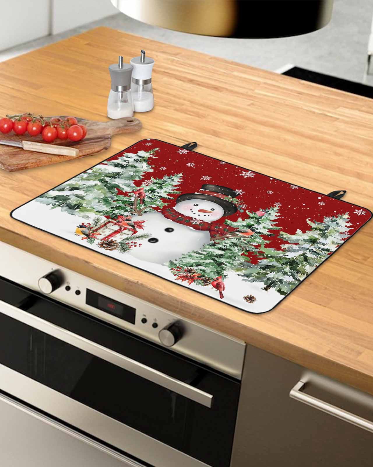 Large Induction Cooktop Protector Mat Red Christmas Stove Top Covers for Electric Stove, Xmas Snowman Trees Watercolor Snowflakes Decorative Stove Burner Cover Mats, Glass Top Stove Cover