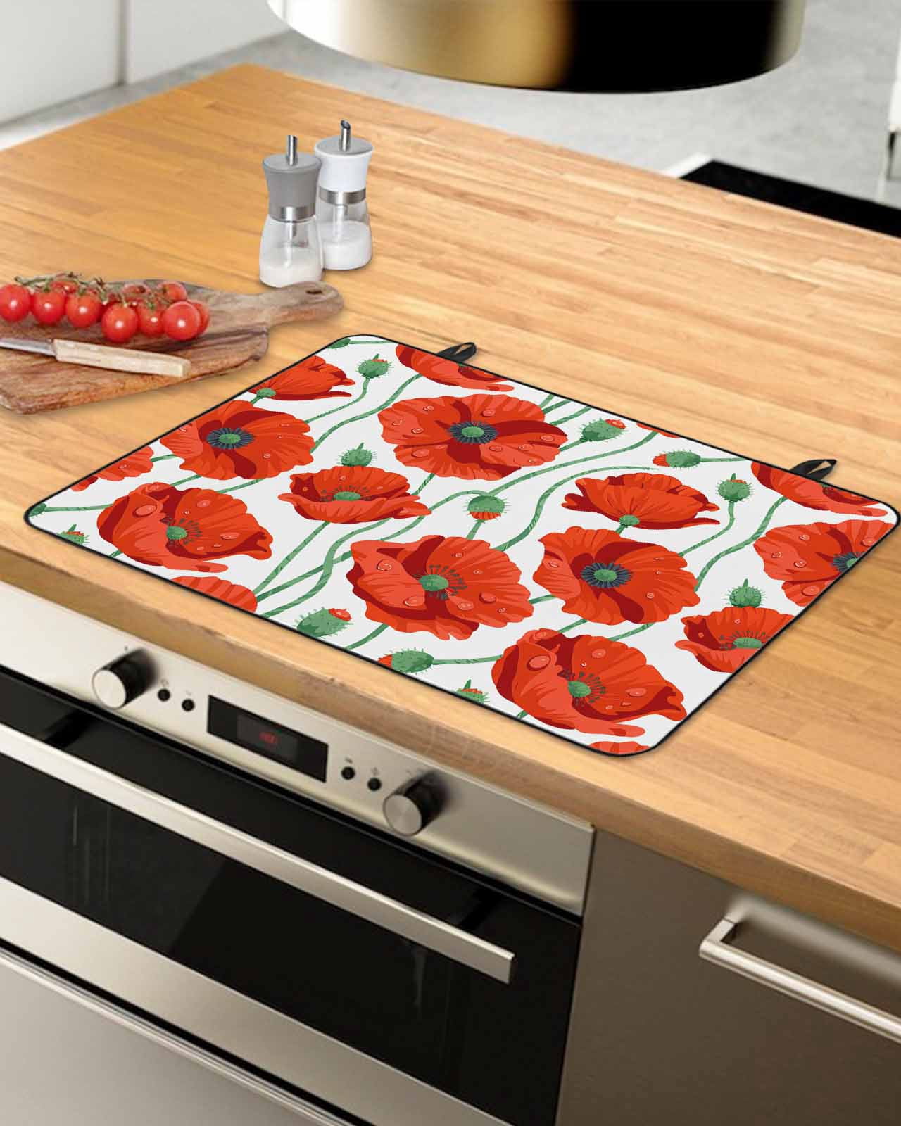 Large Induction Cooktop Protector Mat Red Flowers Stove Top Covers for Electric Stove, Spring Floral Watercolor Botanical Decorative Stove Burner Cover Mats, Glass Top Stove Cover