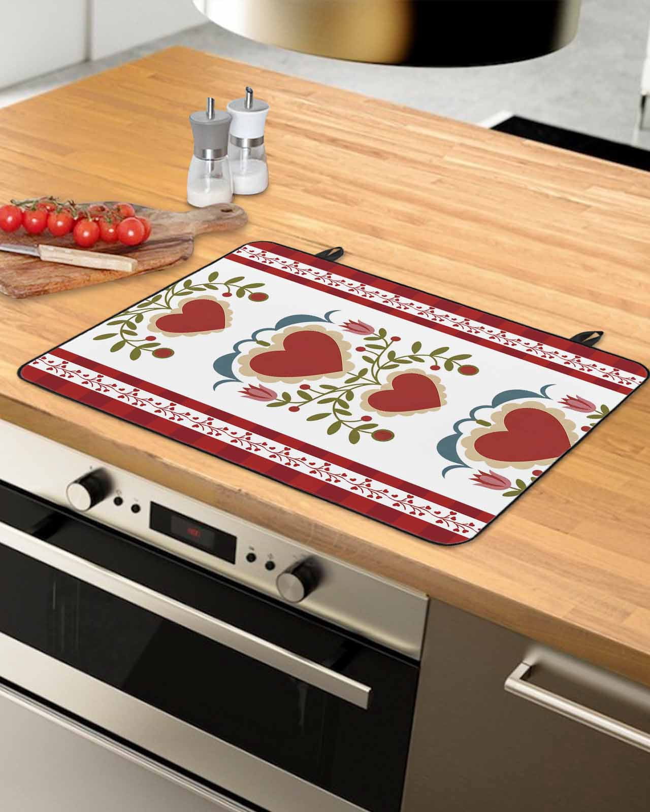 Large Induction Cooktop Protector Mat Red Love Stove Top Covers for Electric Stove, Valentine's Day Heart Leaves Floral Plants Decorative Stove Burner Cover Mats, Glass Top Stove Cover