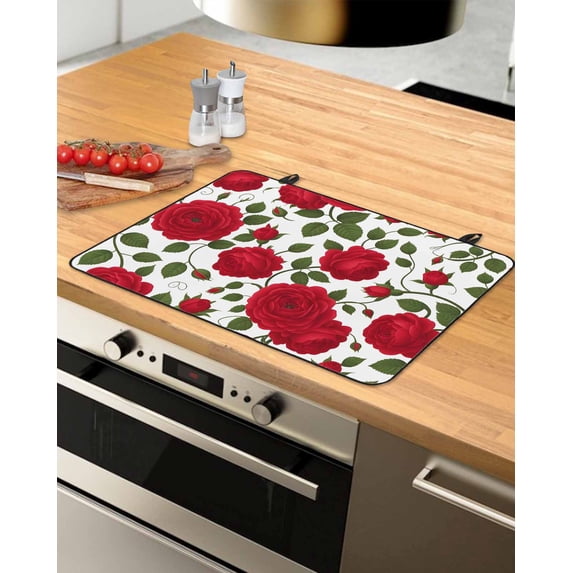 Large Induction Cooktop Protector Mat Red Roses Stove Top Covers for Electric Stove, Valentine's Day Flowers Leaves Romantic Decorative Stove Burner Cover Mats, Glass Top Stove Cover