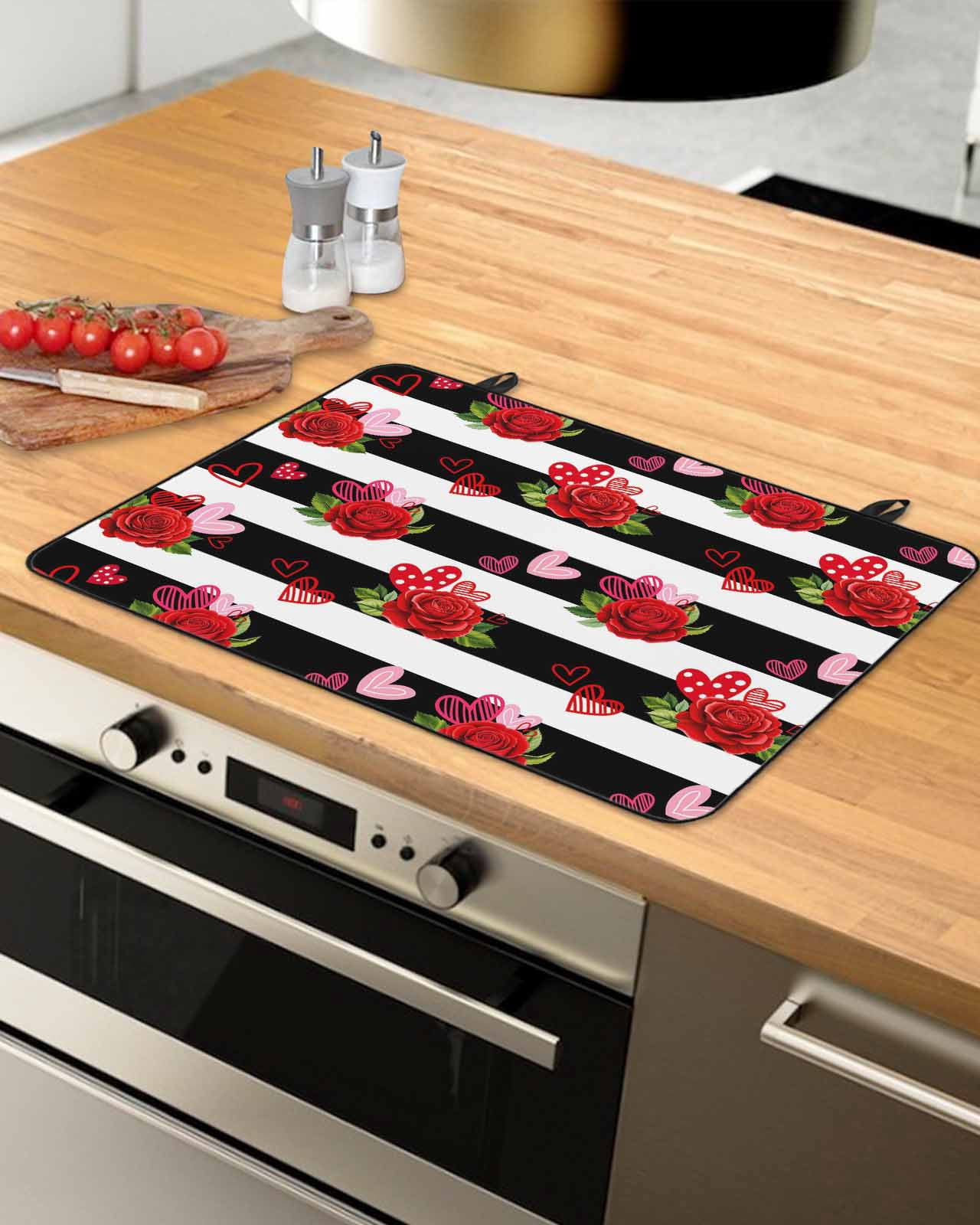Large Induction Cooktop Protector Mat Red Roses Stove Top Covers for Electric Stove, Valentine's Day Flowers Love Stripes Country Decorative Stove Burner Cover Mats, Glass Top Stove Cover