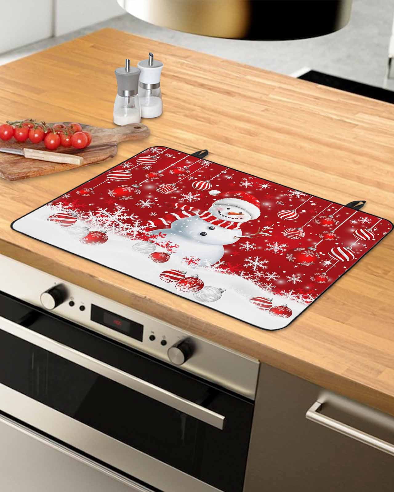 Large Induction Cooktop Protector Mat Red Snowman Christmas Stove Top Covers for Electric Stove, Xmas Balls Snowflake Decorative Stove Burner Cover Mats, Glass Top Stove Cover