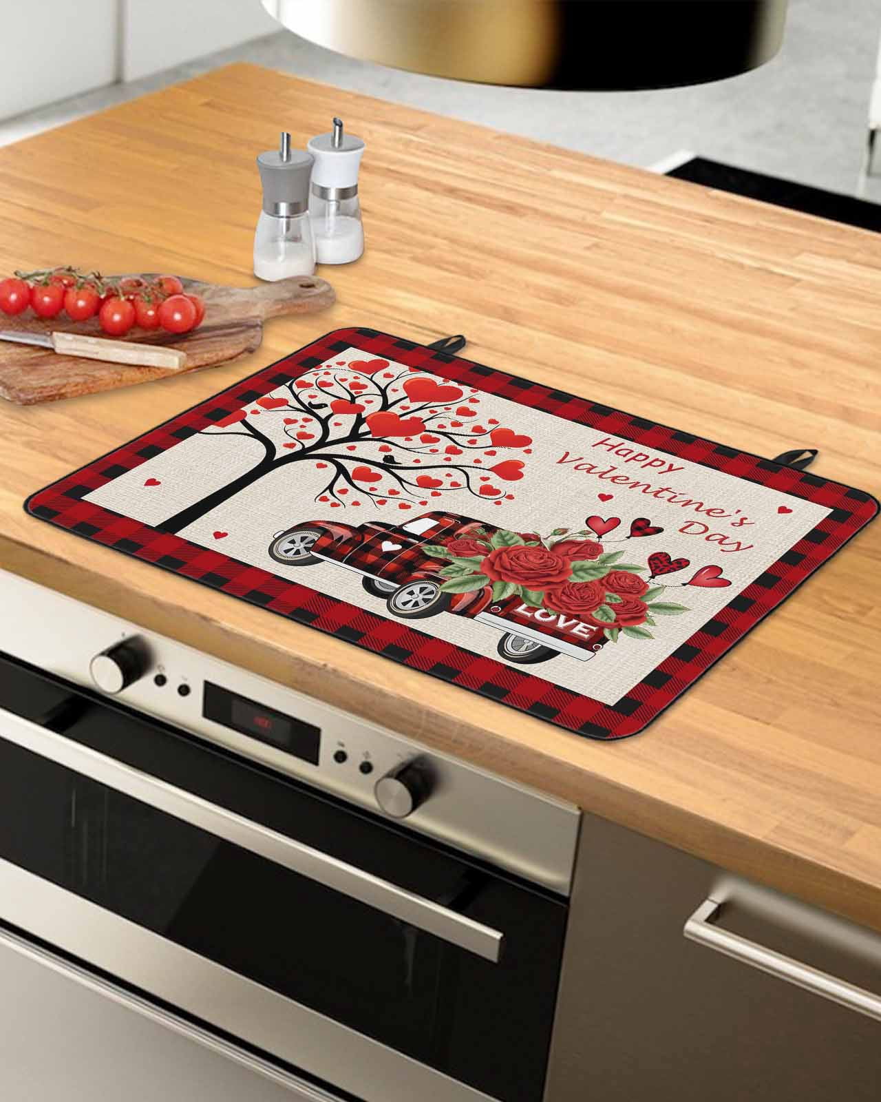 Large Induction Cooktop Protector Mat Red Valentine's Day Stove Top Covers for Electric Stove, Love Heart Roses Plaid Romantic Rustic Decorative Stove Burner Cover Mats, Glass Top Stove Cover