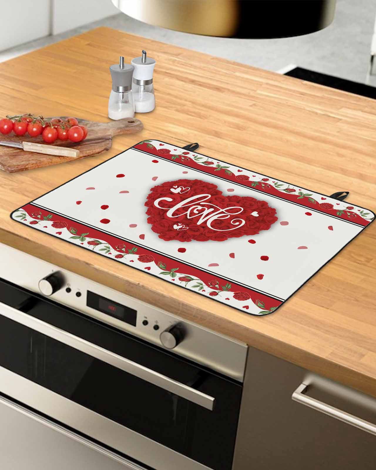 Large Induction Cooktop Protector Mat Red Valentine's Day Stove Top Covers for Electric Stove, Love Heart Roses Romantic Decorative Stove Burner Cover Mats, Glass Top Stove Cover